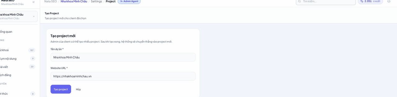 Màn hình nhập tên dự án và địa chỉ website